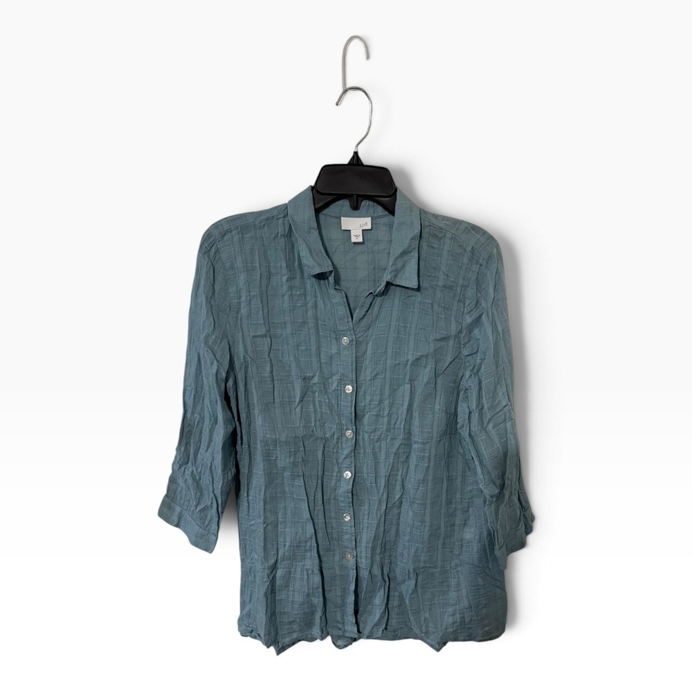 J. Jill Womens Blue Teal Cotton Crinkle Gauze Windowpane 3/4 Sleeve Shirt M